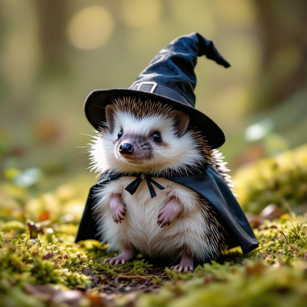 Realistic Hedgehog in Witch Costume on Forest Floor