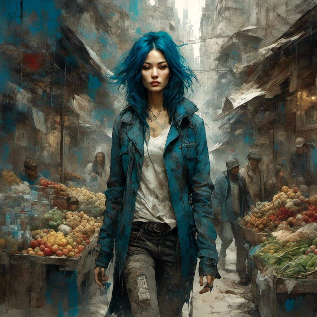 Blue-Haired Woman in Alien Marketplace