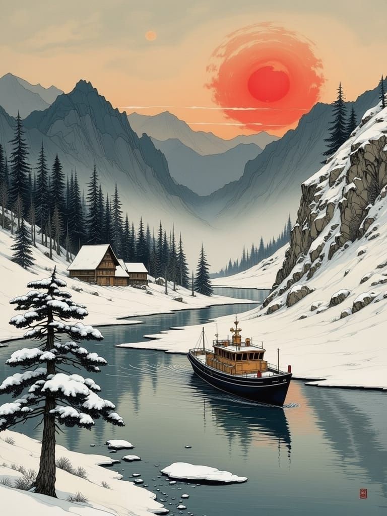 Traditional Korean Ink Painting of Majestic Fishing Boat Ami...