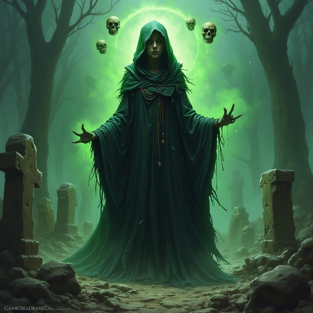 Necromancer in Boneyard with Skulls, Dark Fantasy Art