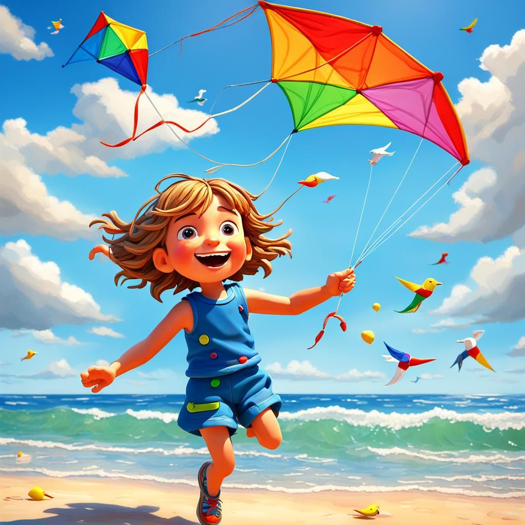 A joyful 3D claymation child, flies a kite on a sun-kissed beach.