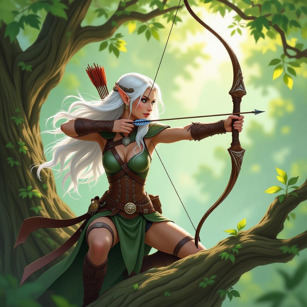 Elf Archer on Ancient Tree in Whimsical Style