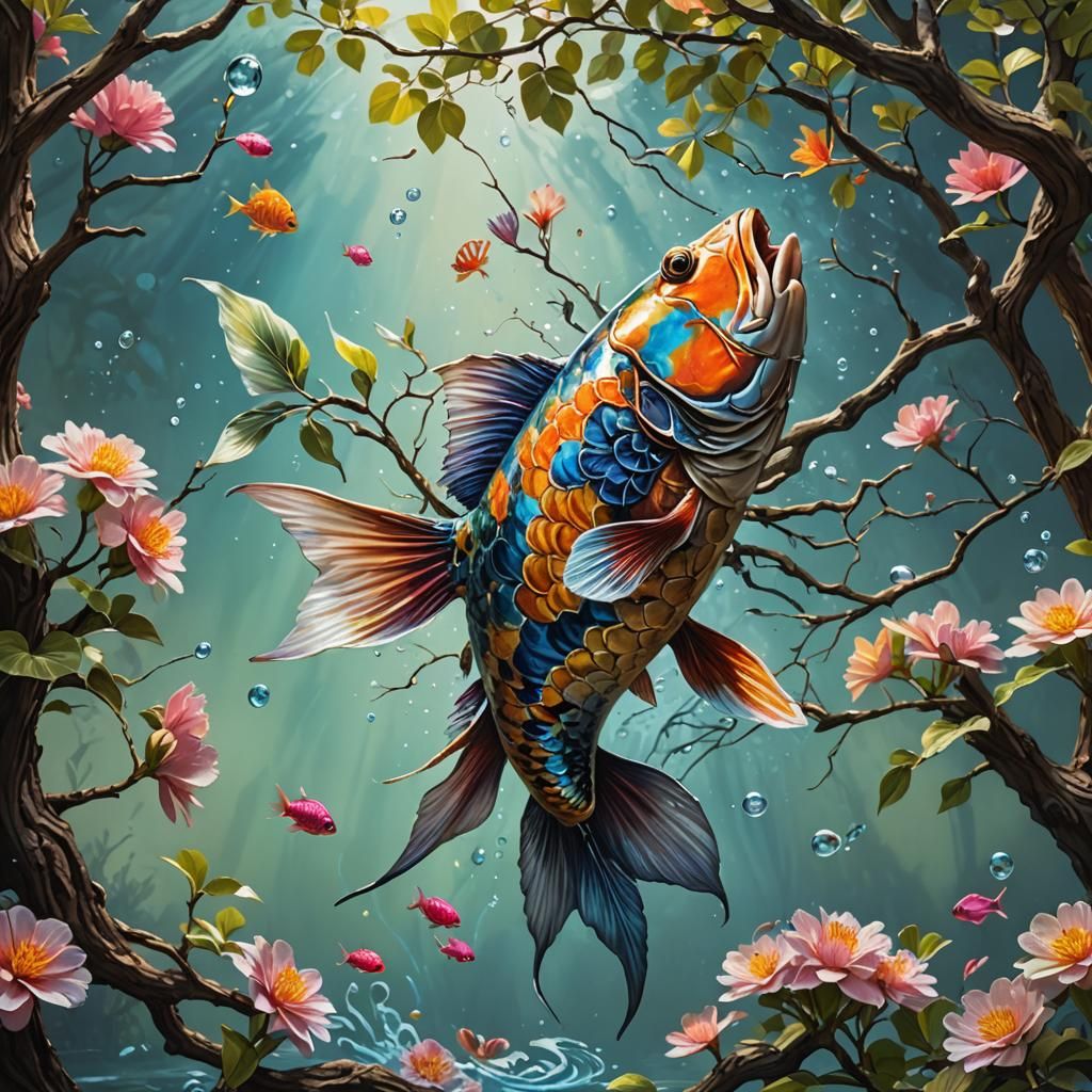 Hyperrealistic Fish in a Tree Splash Art