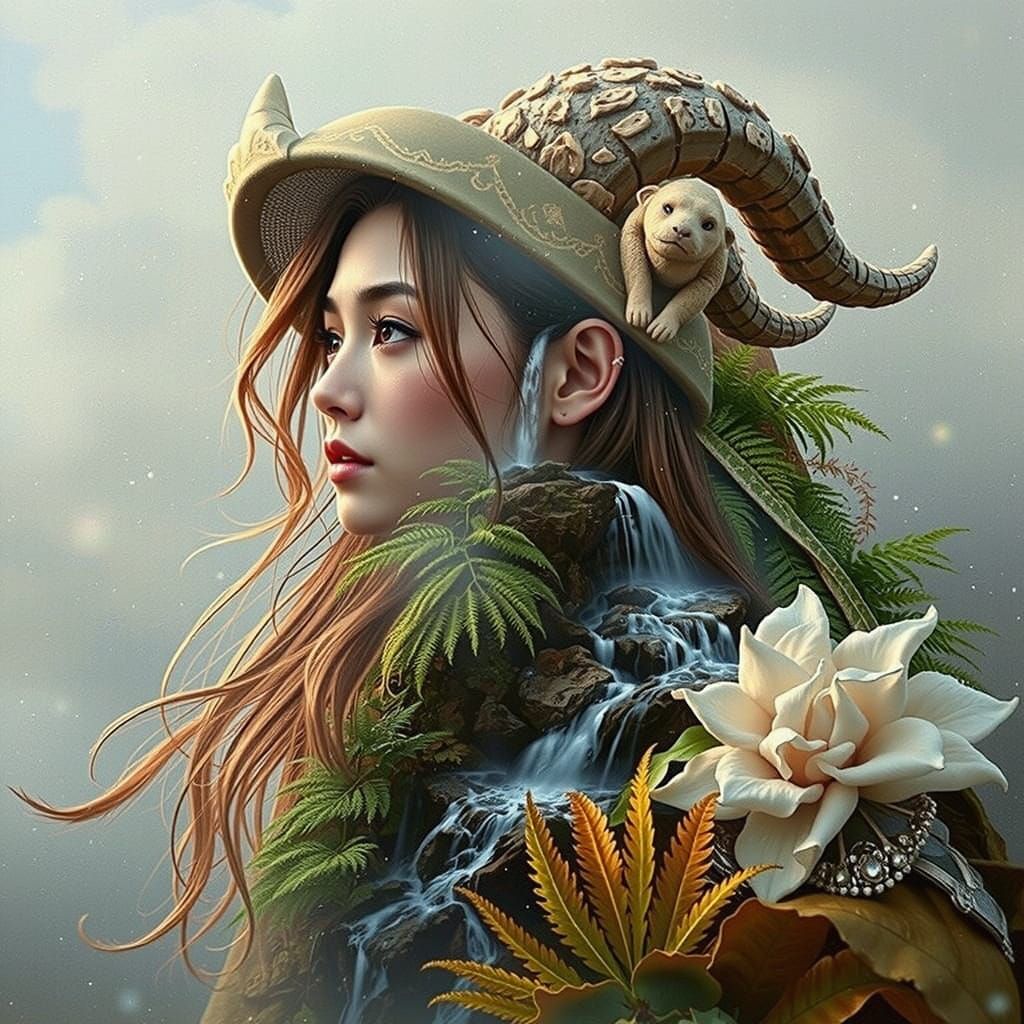 Mythical Virgo Double Exposure With Waterfall Landscape