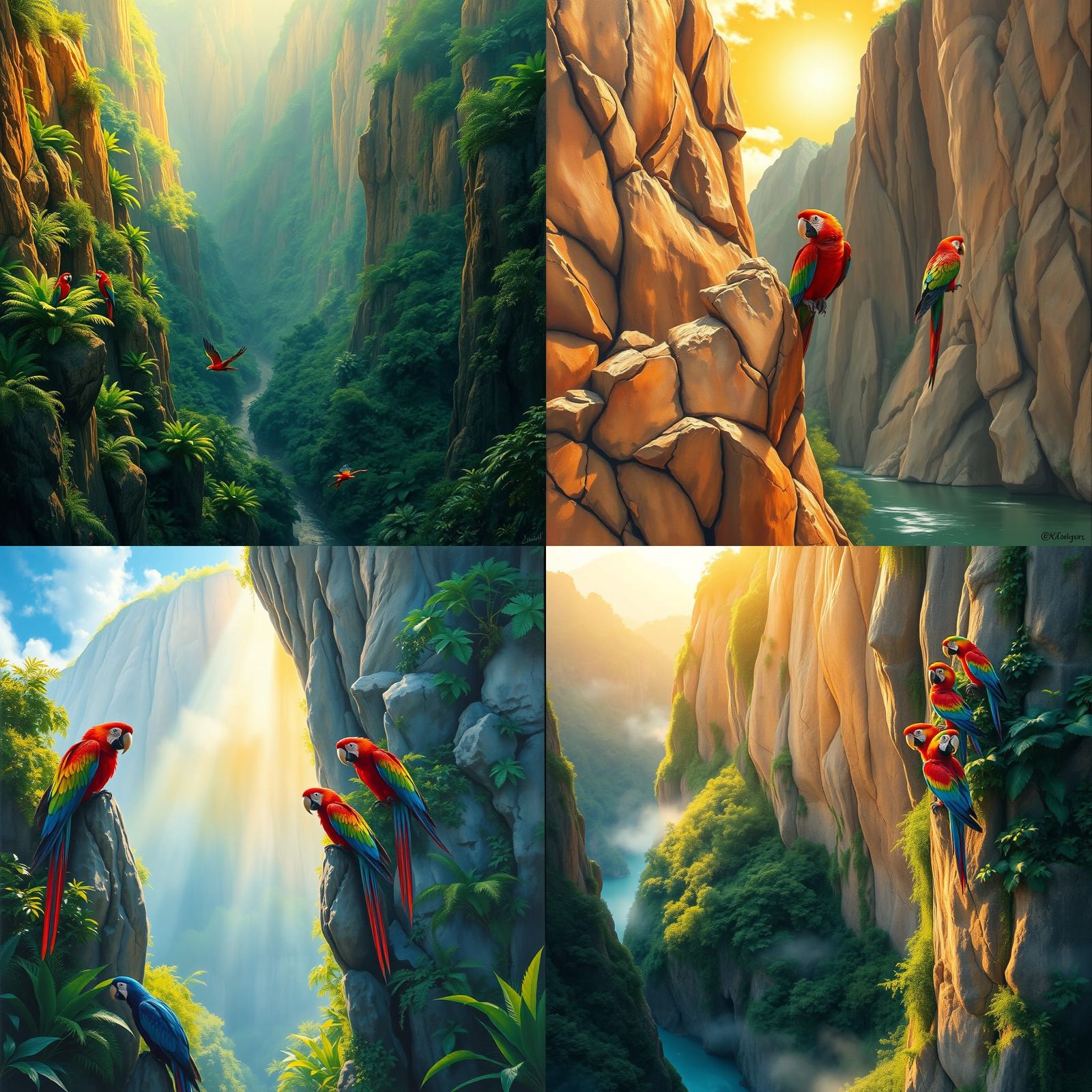 Jungle Cliff with Macaws in Gouache Watercolor Style