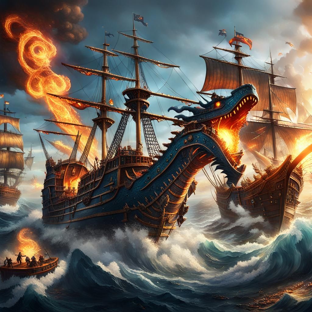 Pirate Navy Battles Water Dragon: Epic Fantasy Art