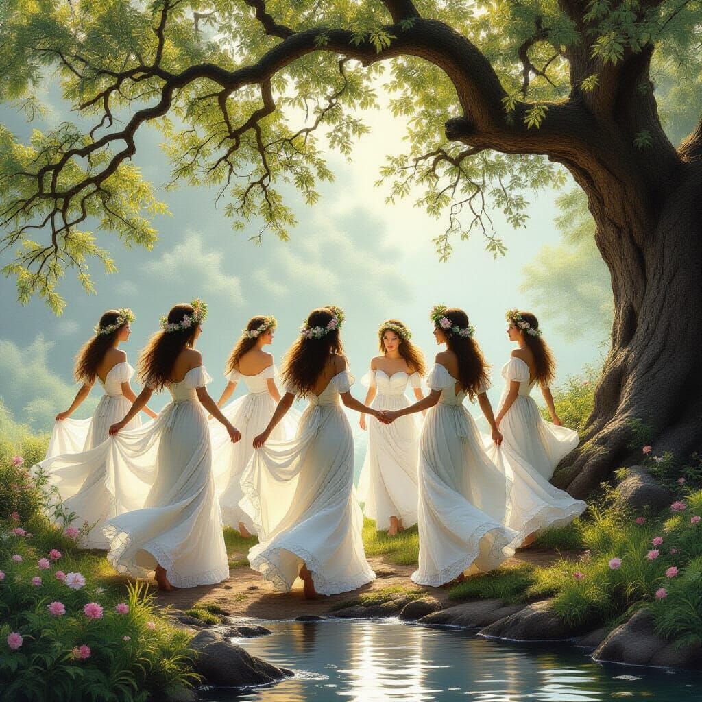 Ethereal Maidens Dance in Dreamlike Landscape