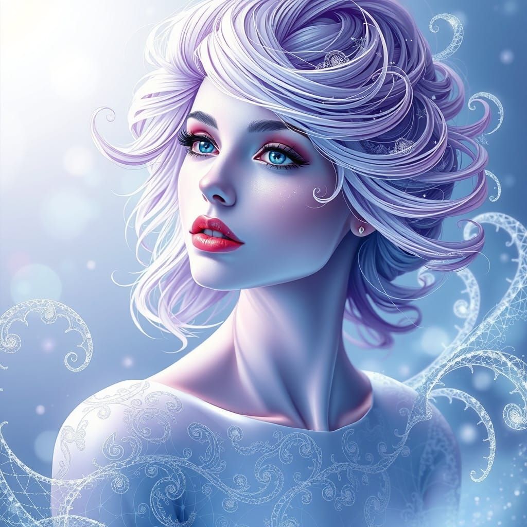 Ethereal Woman in Violet, Cyane Hair and Fractal Patterns