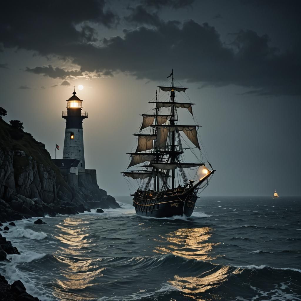 "Bateau de pirate navigue sur une mer déchaînée toutes les lanternes allumées brillent au milieu d'une nuit sombre brume...