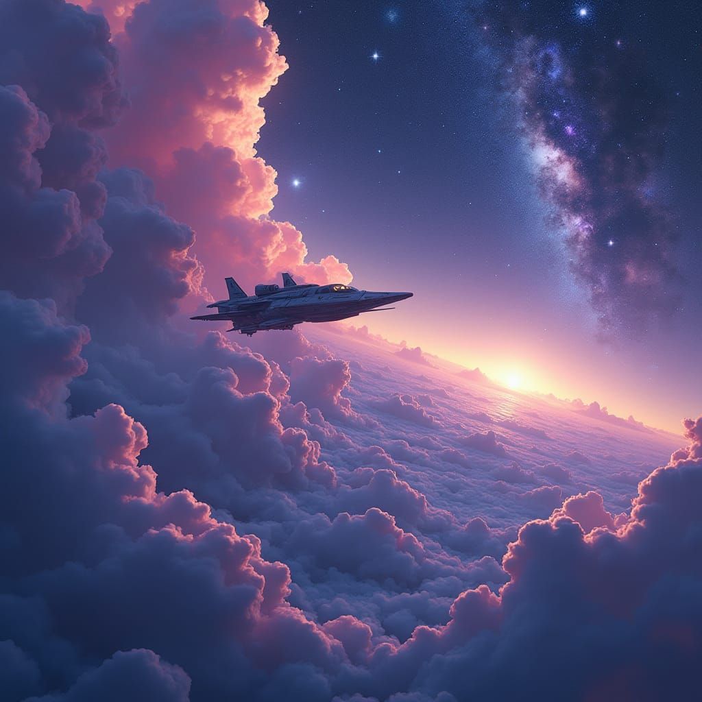 Spaceship Sails Through Starry Galaxy in Sci-Fi Style