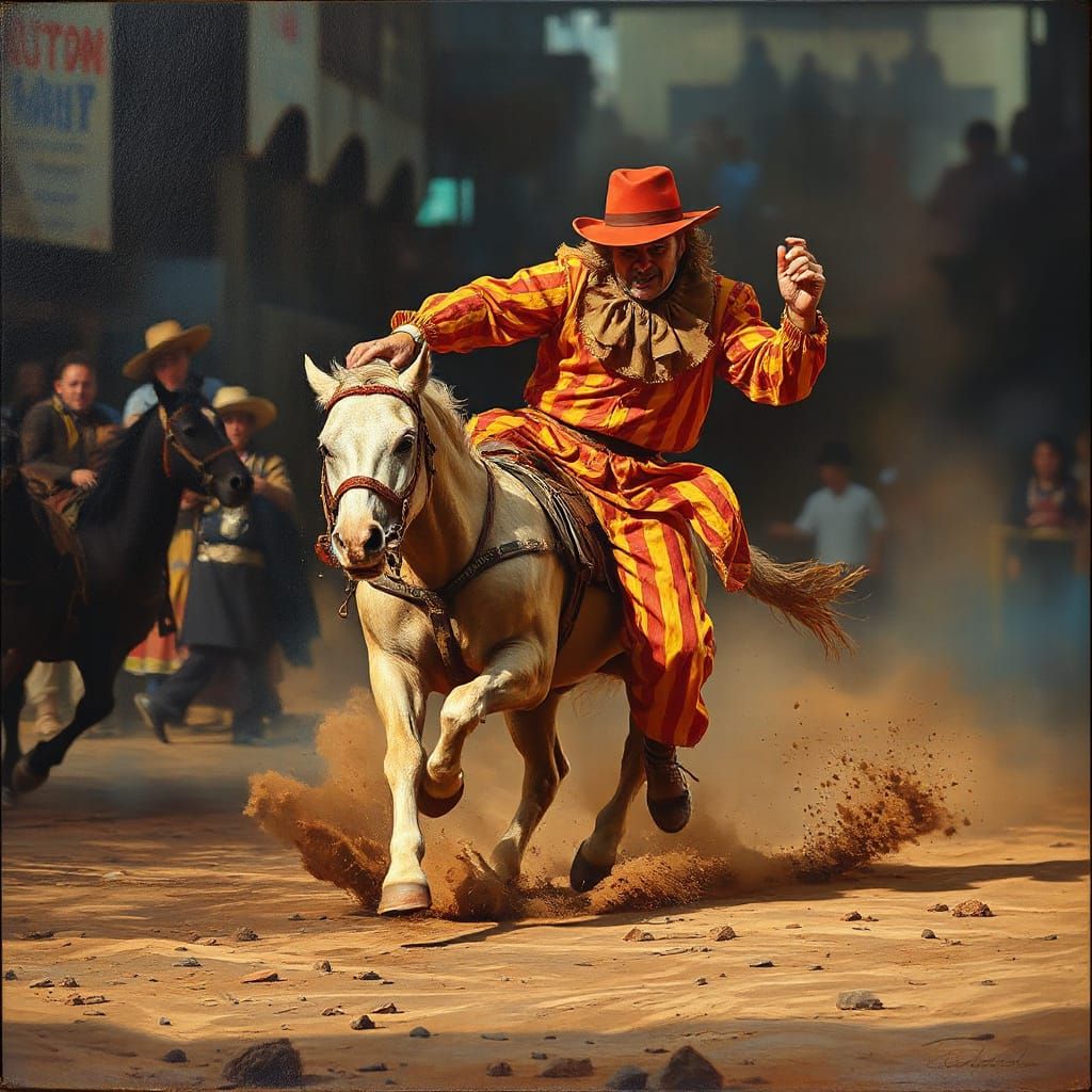 Vibrant Rodeo Clown in Action, in a Cinematic Oil Painting S...