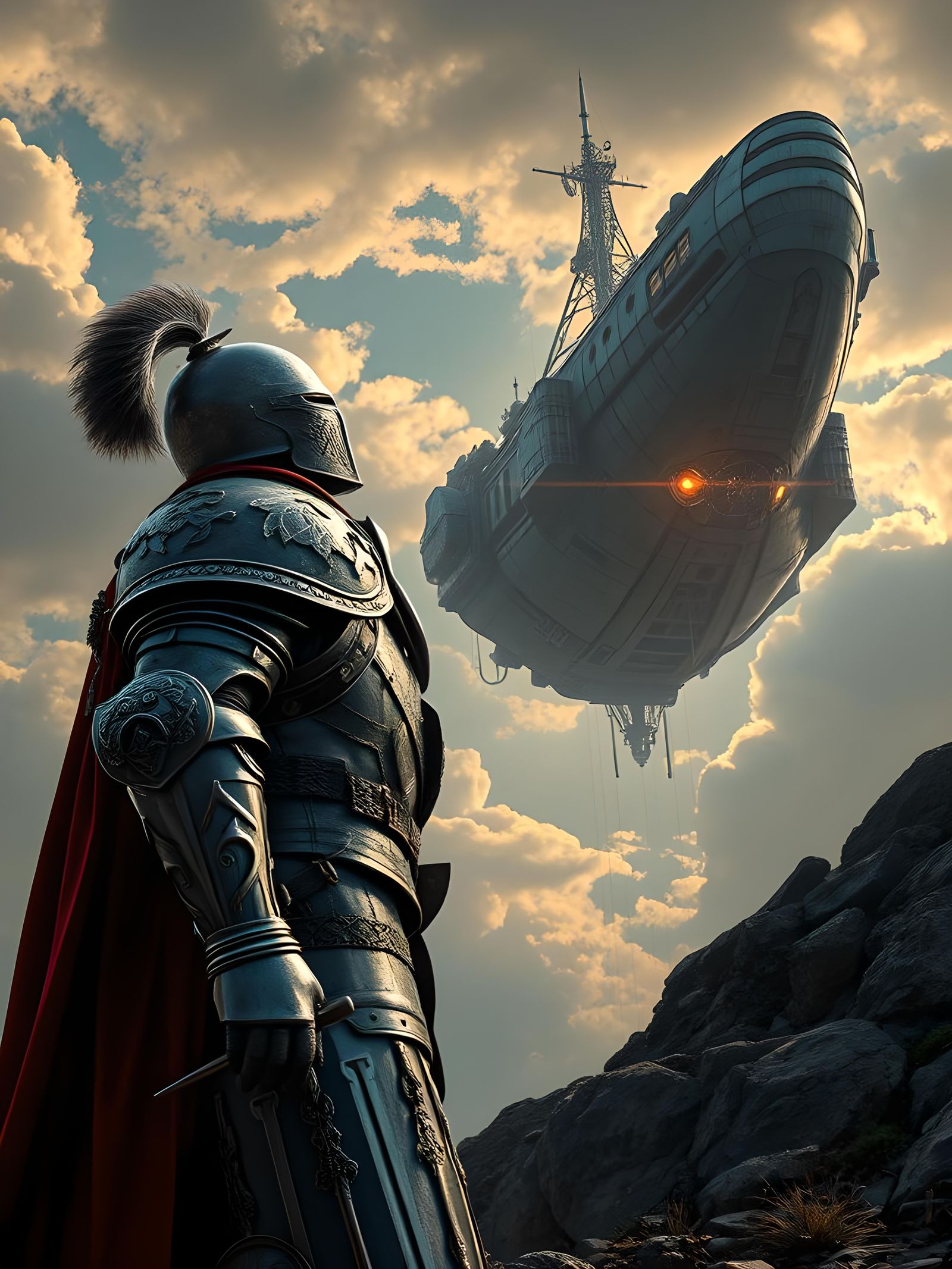 Retro Spaceship Encounters Medieval Knight