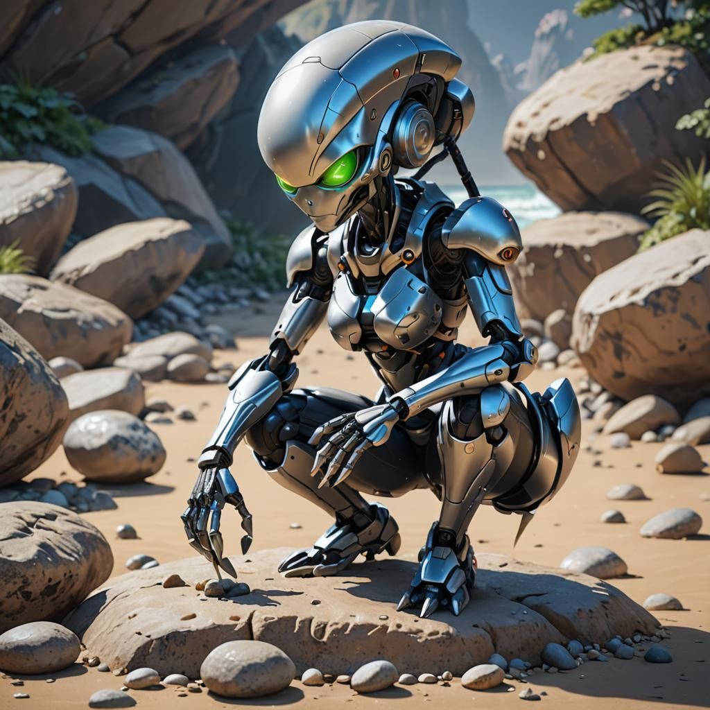 Anime Robot Girl Squats Holding Stick