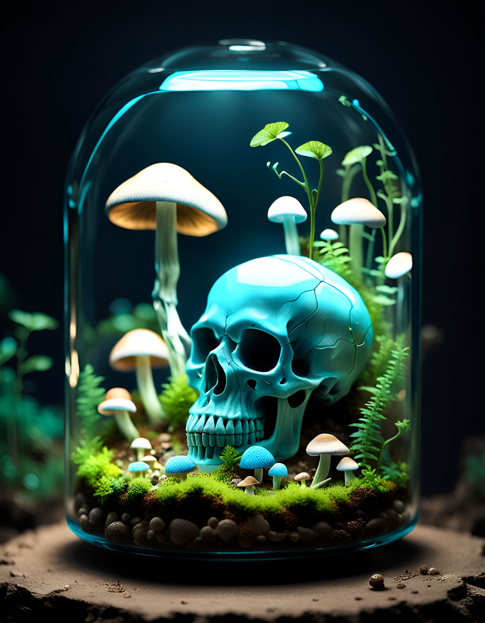 Bioluminescent Mushroom Wonderland in Skull Terrarium