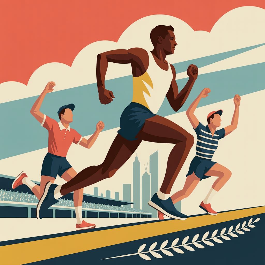 Mid-Century Marathon Runner Poster with Geometric Style