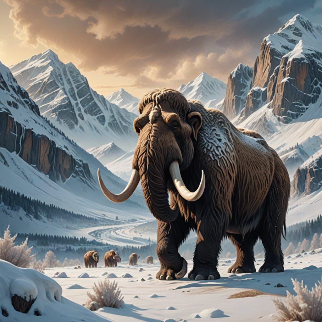 Majestic Woolly Mammoth in Snowy Prehistoric Landscape