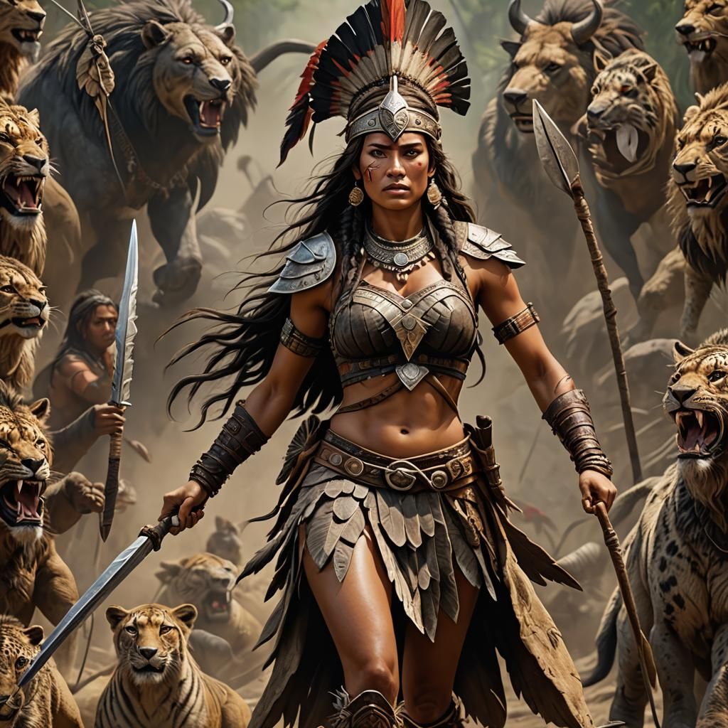 Prehistoric Female Warrior With Spear: Hyperrealistic Digita...