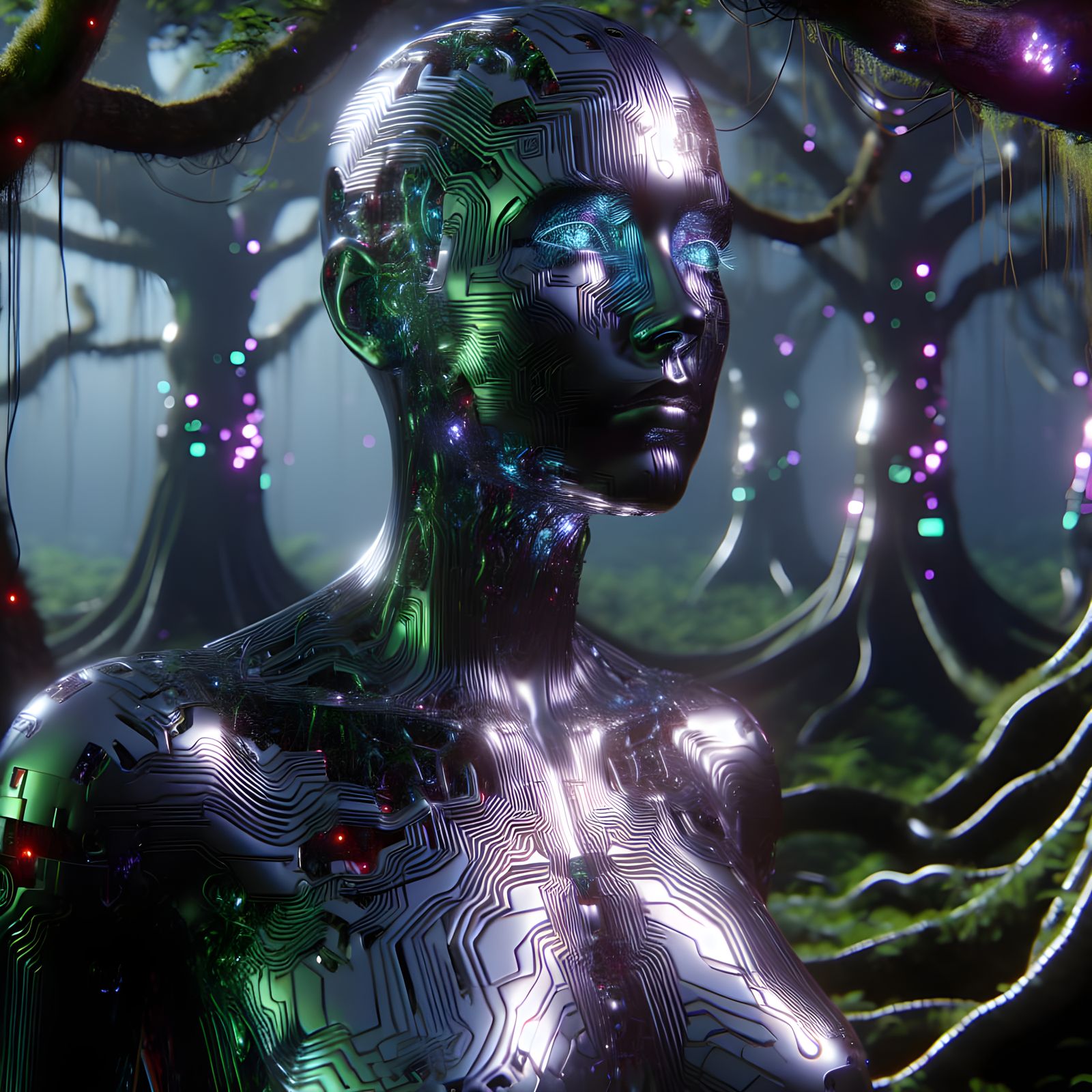 Cybernetic Goddess in a Dystopian Forest