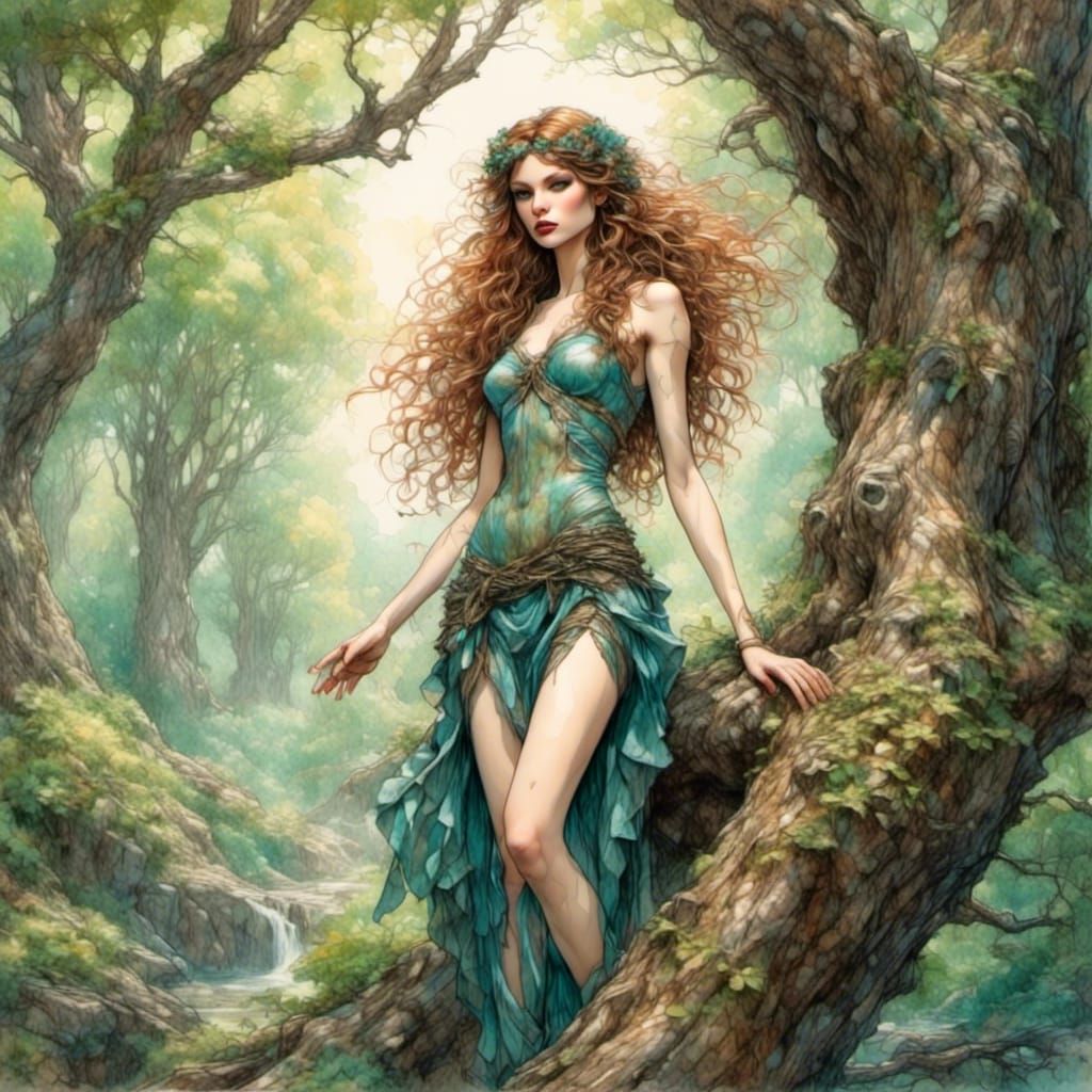 Dryad Emerges from Woodland Tree: Fantasy Pin-Up