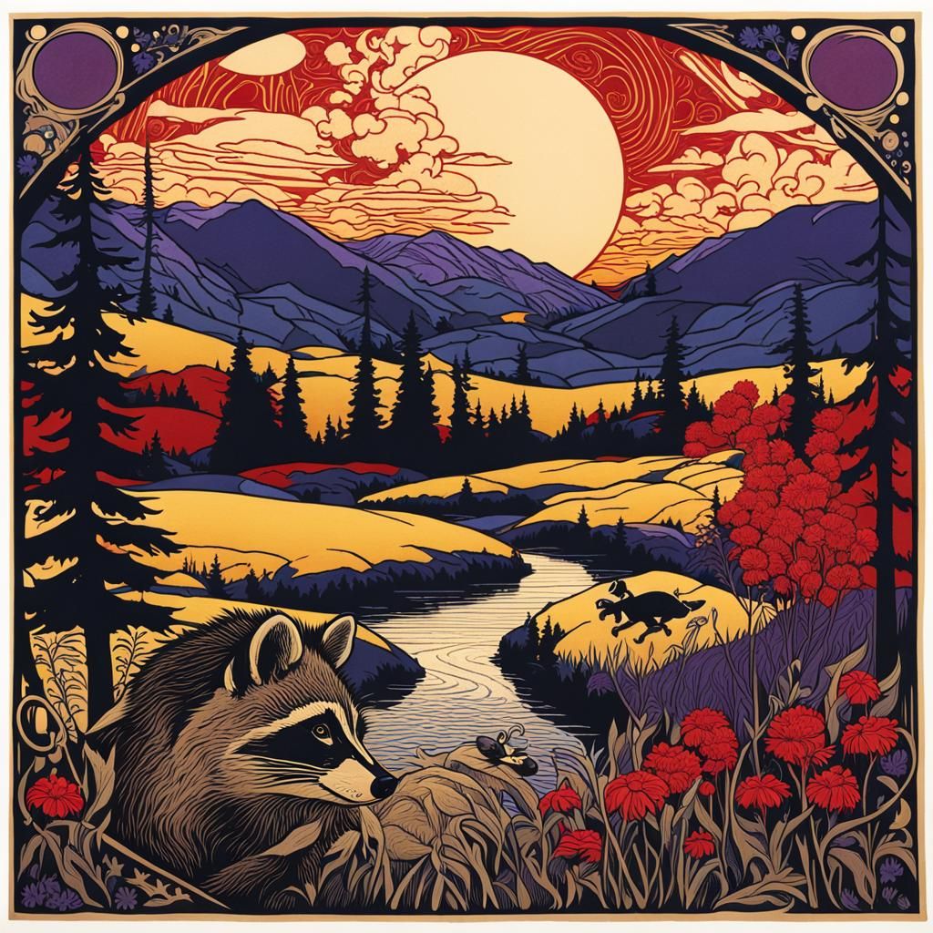 Alphonse Mucha Woodcut of Vermont with Raccoon