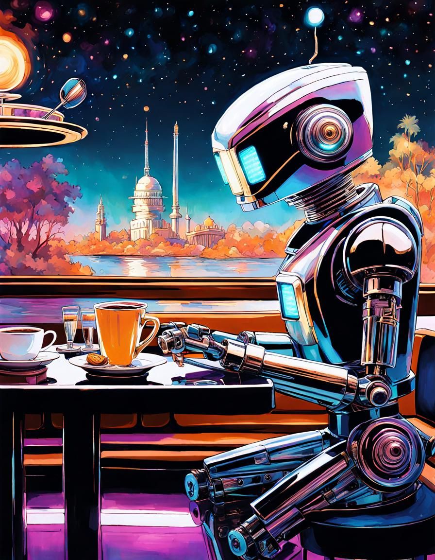 Whimsical Robot at Coffee Diner, Comic Art