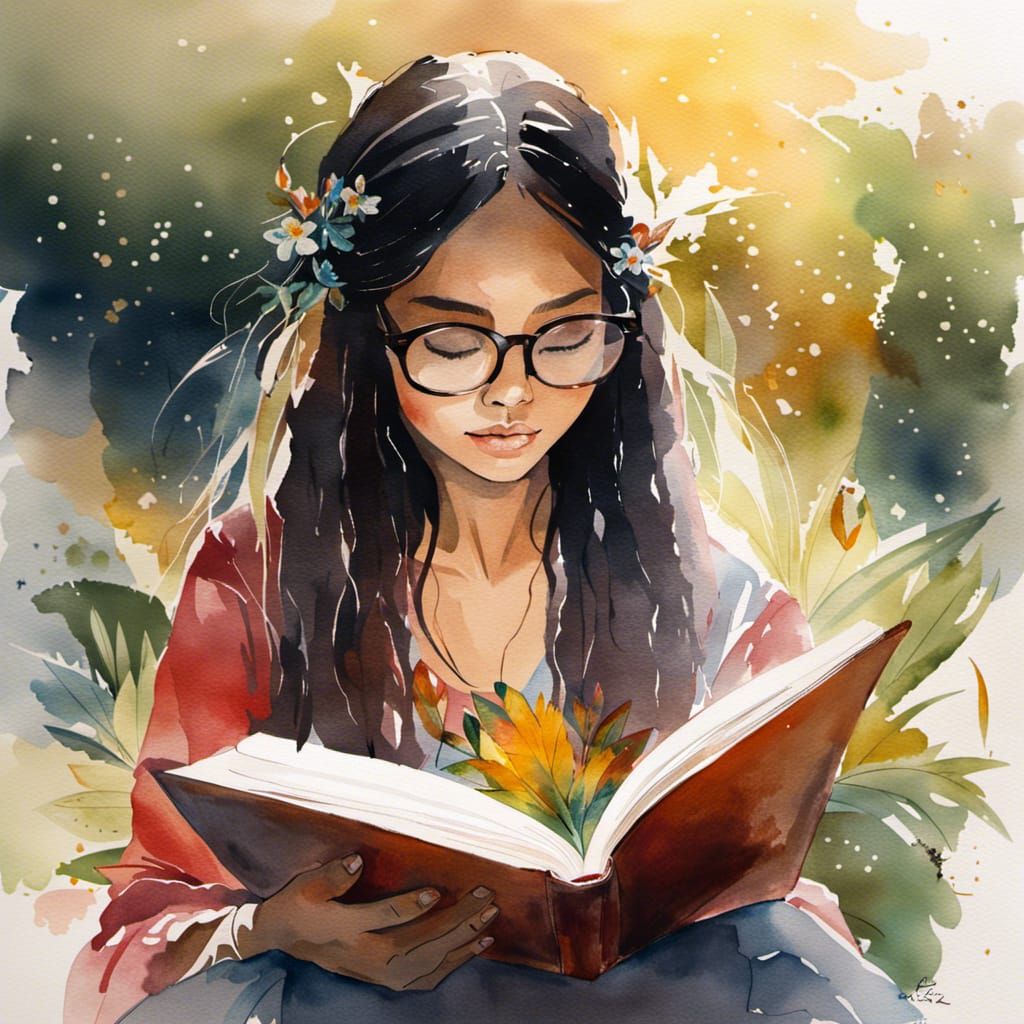 South American Girl Reading: Watercolor Golden Hour