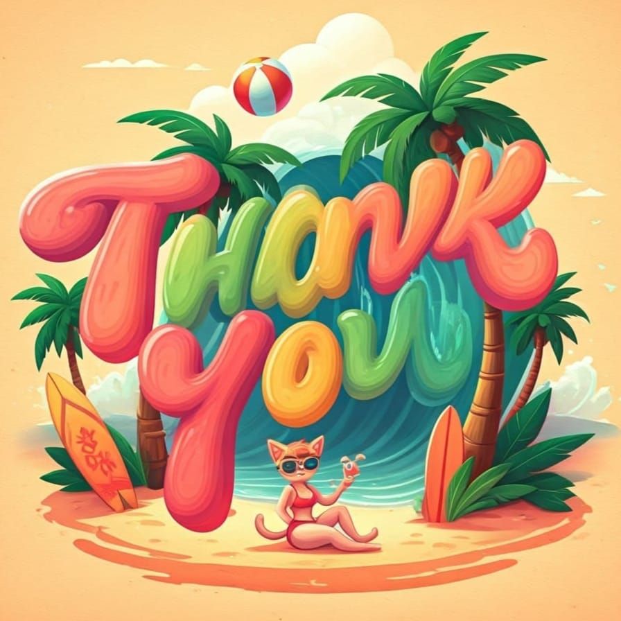 Vibrant and playful raised text that says "Thank You" set against a subtly textured backdrop in a whimsical, multi-color...