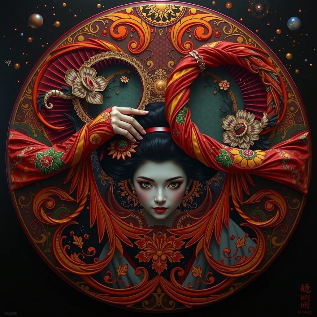 Hyperrealistic Geisha Portrait with Golden Motifs