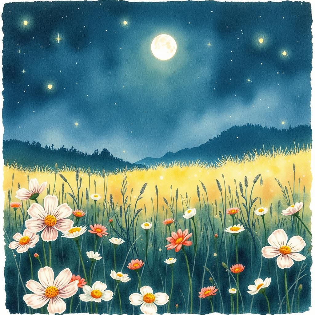 Moonlit Flower Meadow Watercolor Ink Illustration