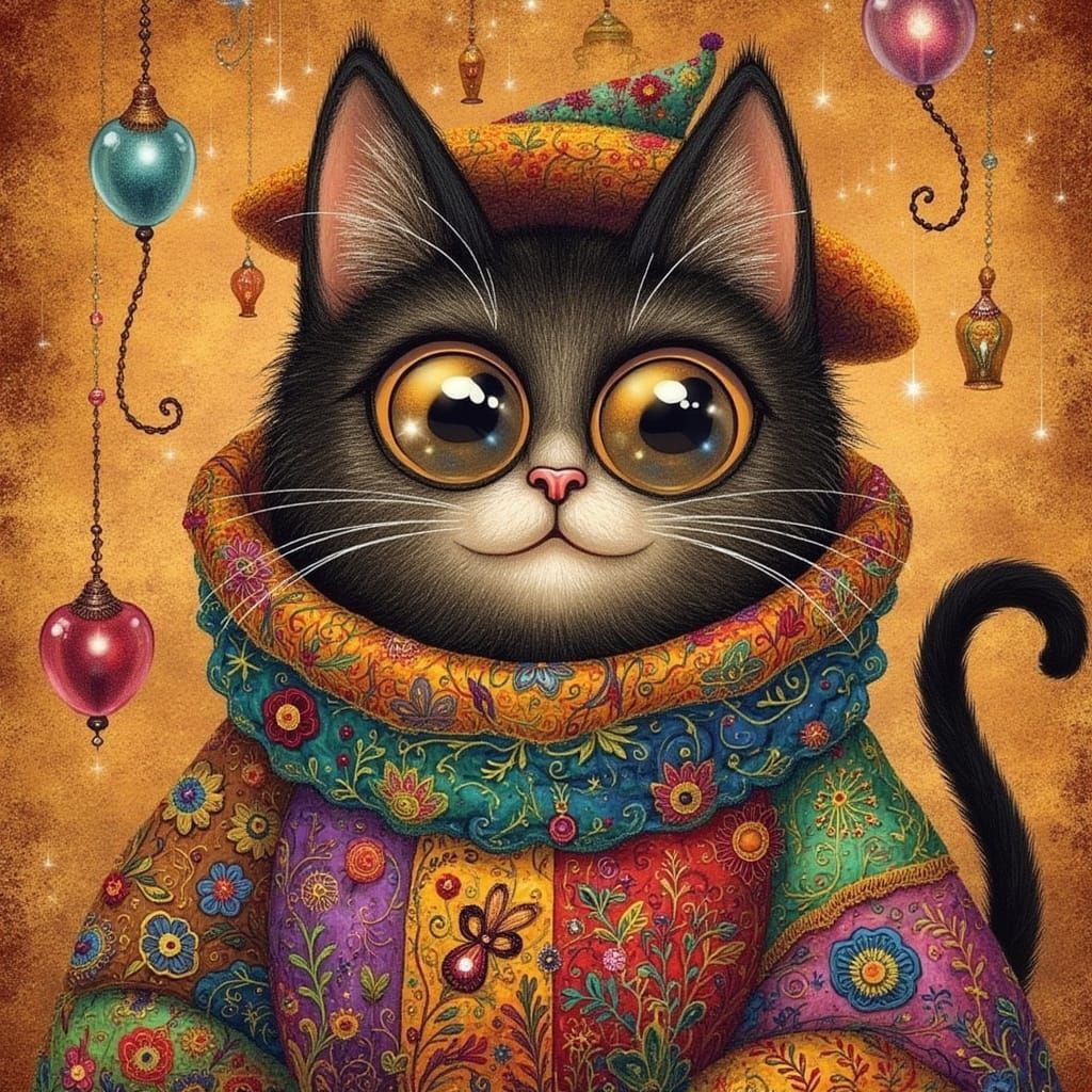Whimsical Cartoon Cat in Quilted Costume
