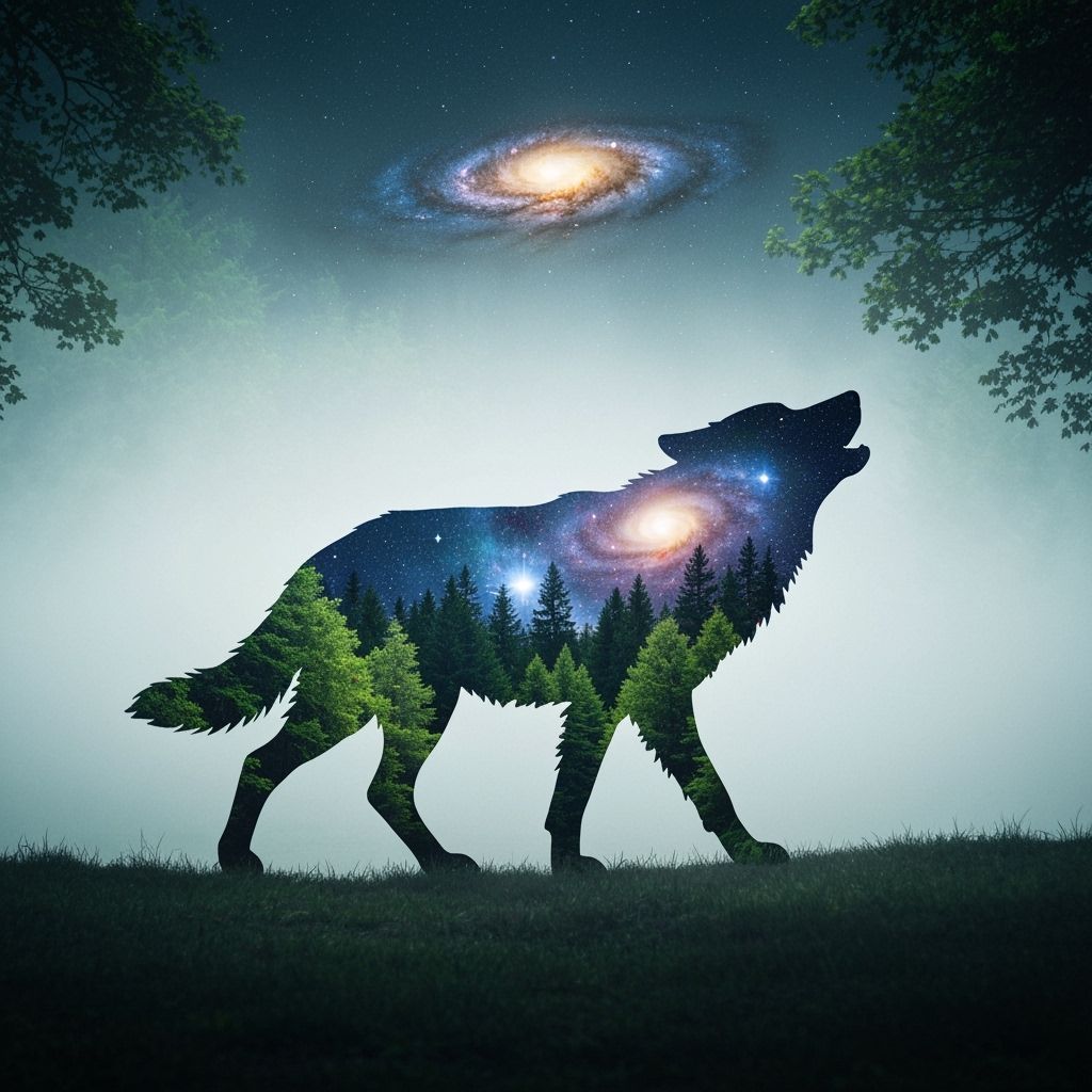 Wolf Silhouette Howling with Cosmic Landscape Inside