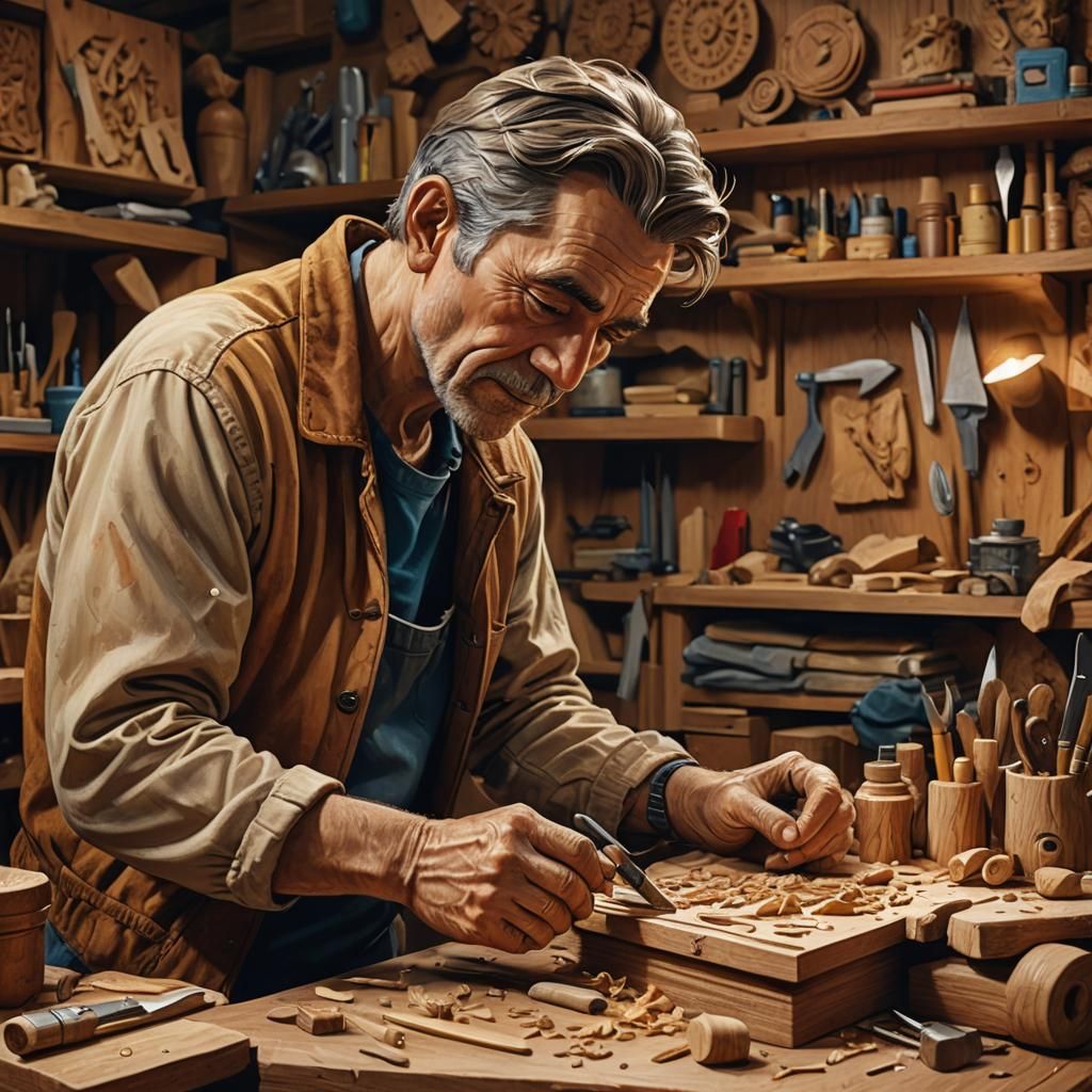 Hyperrealistic Wood Carver at Work