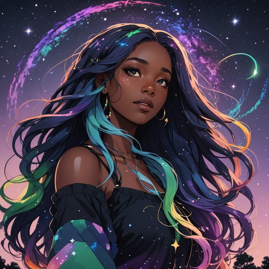 Anime Portrait of Women with Night Sky Hair