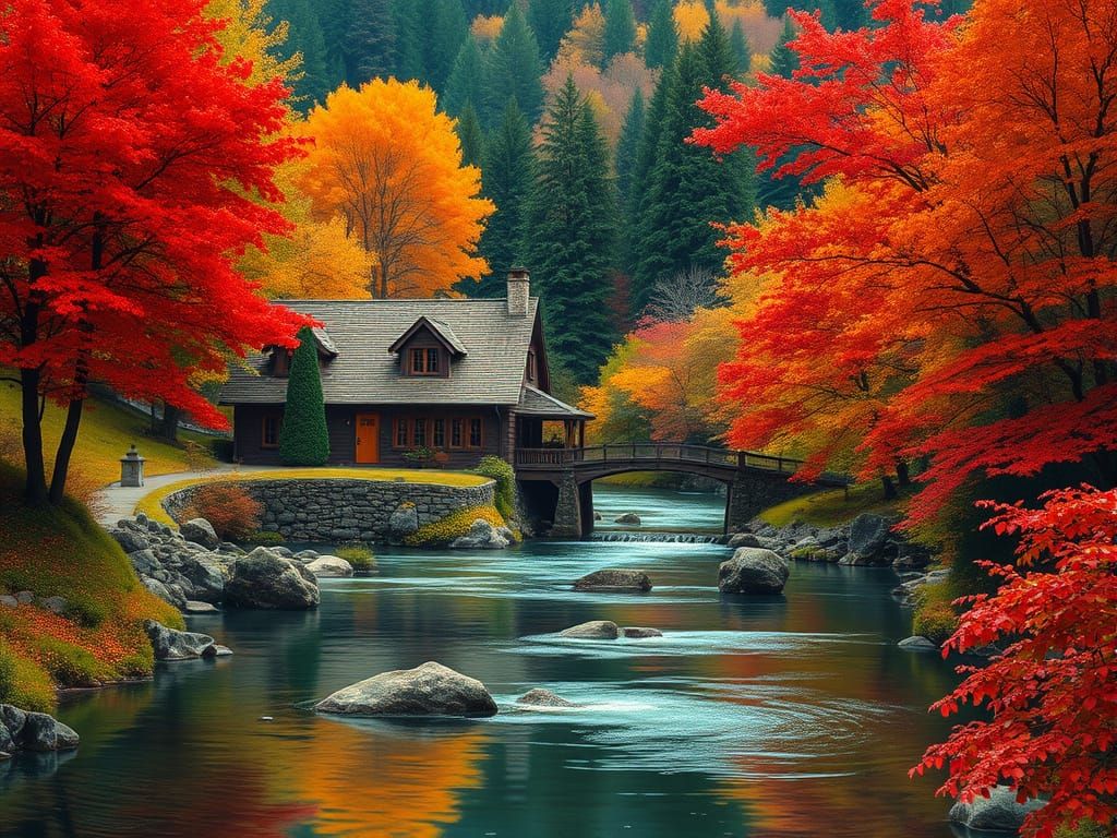 Cozy House by River in Vibrant Autumn Landscape