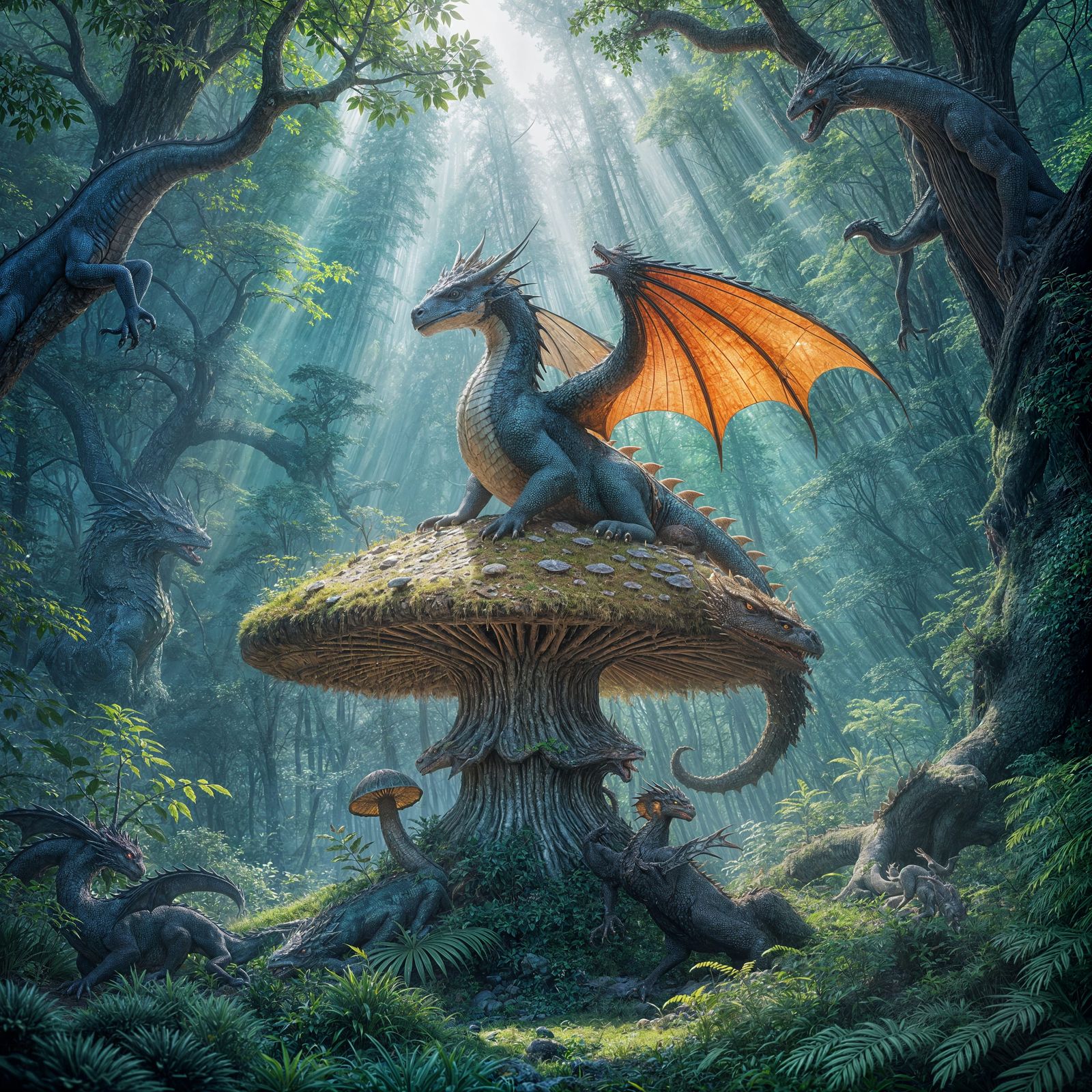Majestic Dragon on Bioluminescent Mushroom in Enchanted Fore...