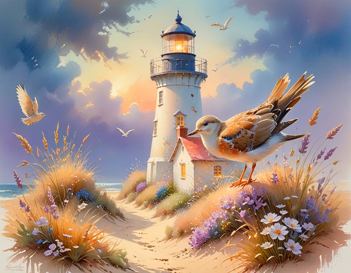 Watercolour Lighthouse on Windswept Bluff with Pastel Hues