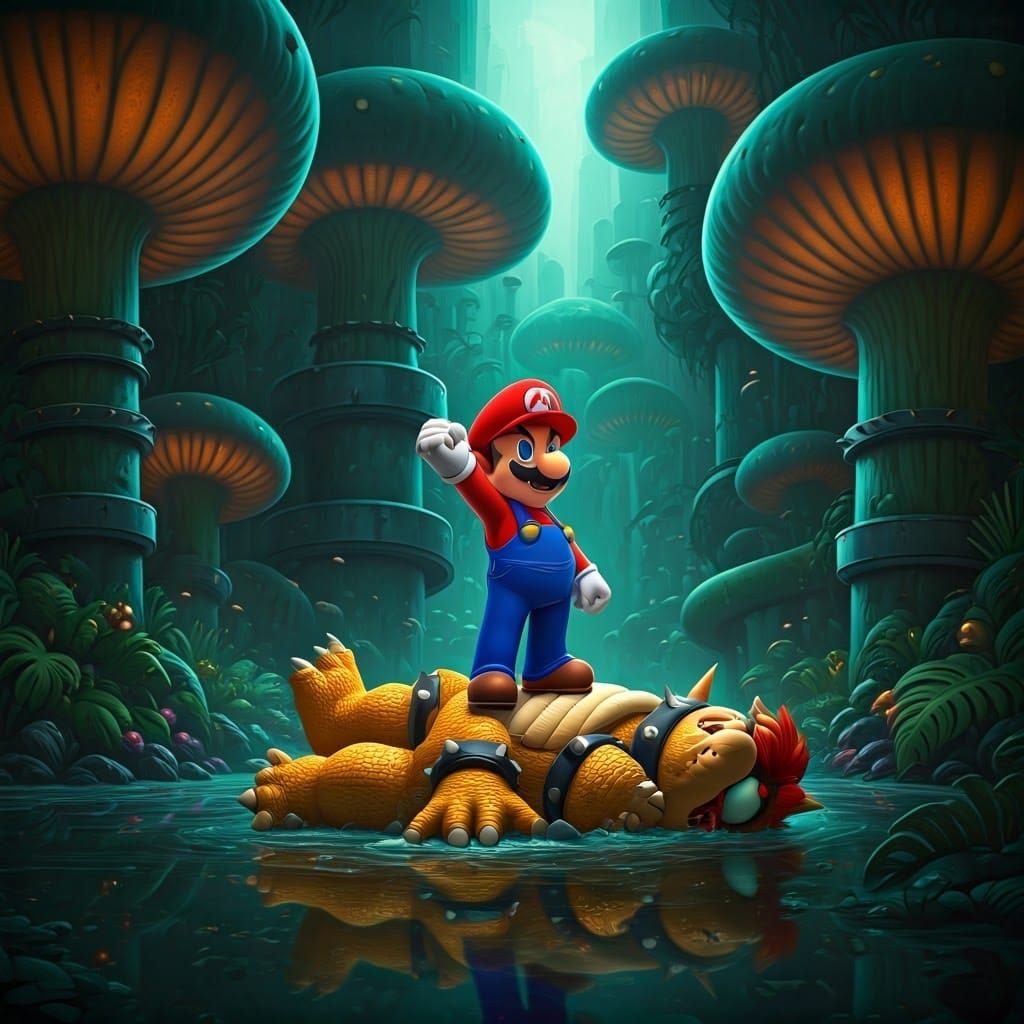 Mario Triumphs Over Bowser in a Retro-Futuristic Landscape