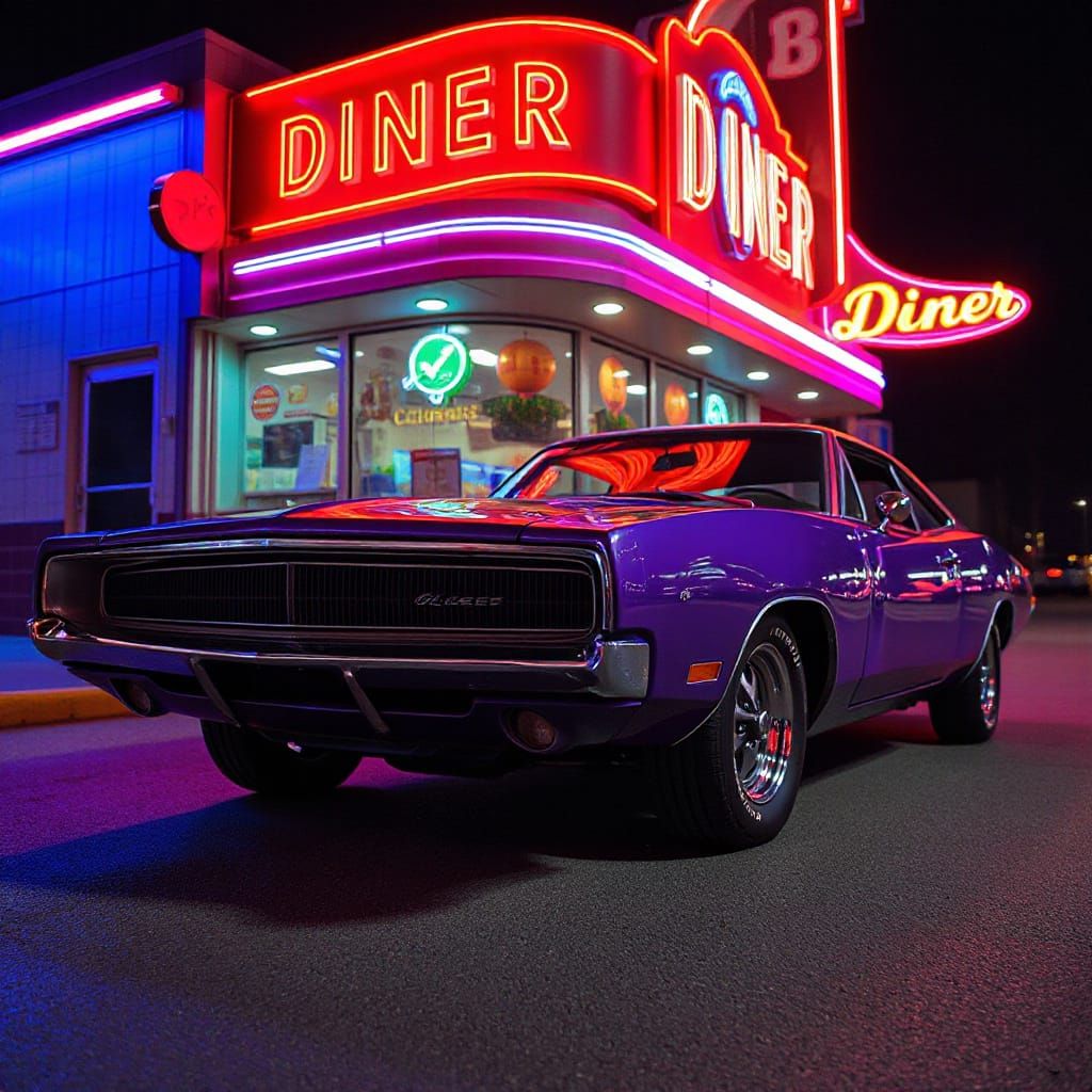 1970 Dodge Charger R/T in Metallic Purple Under Neon Diner L...