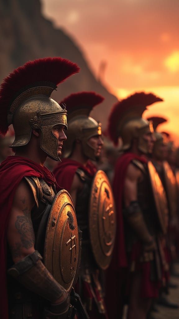 Spartan Warriors in Bronze Armor Stand in Formation Under Fl...