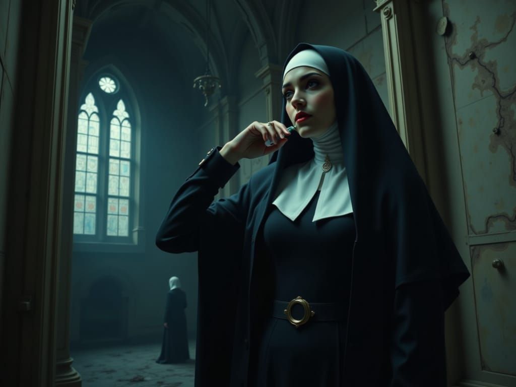 Gothic Nun in Abandoned Church, Dark Fantasy Art