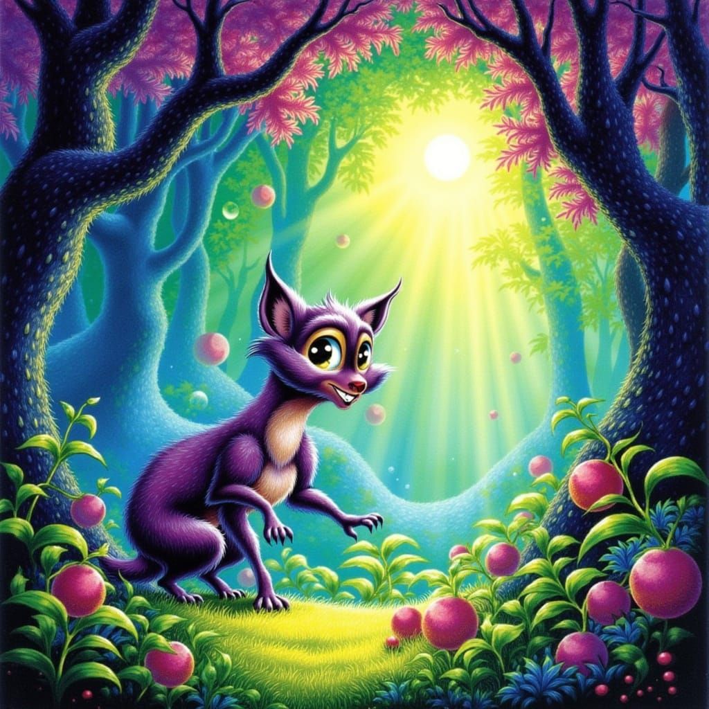 Whimsical Creature in Enchanted Forest Finding Dreamberries