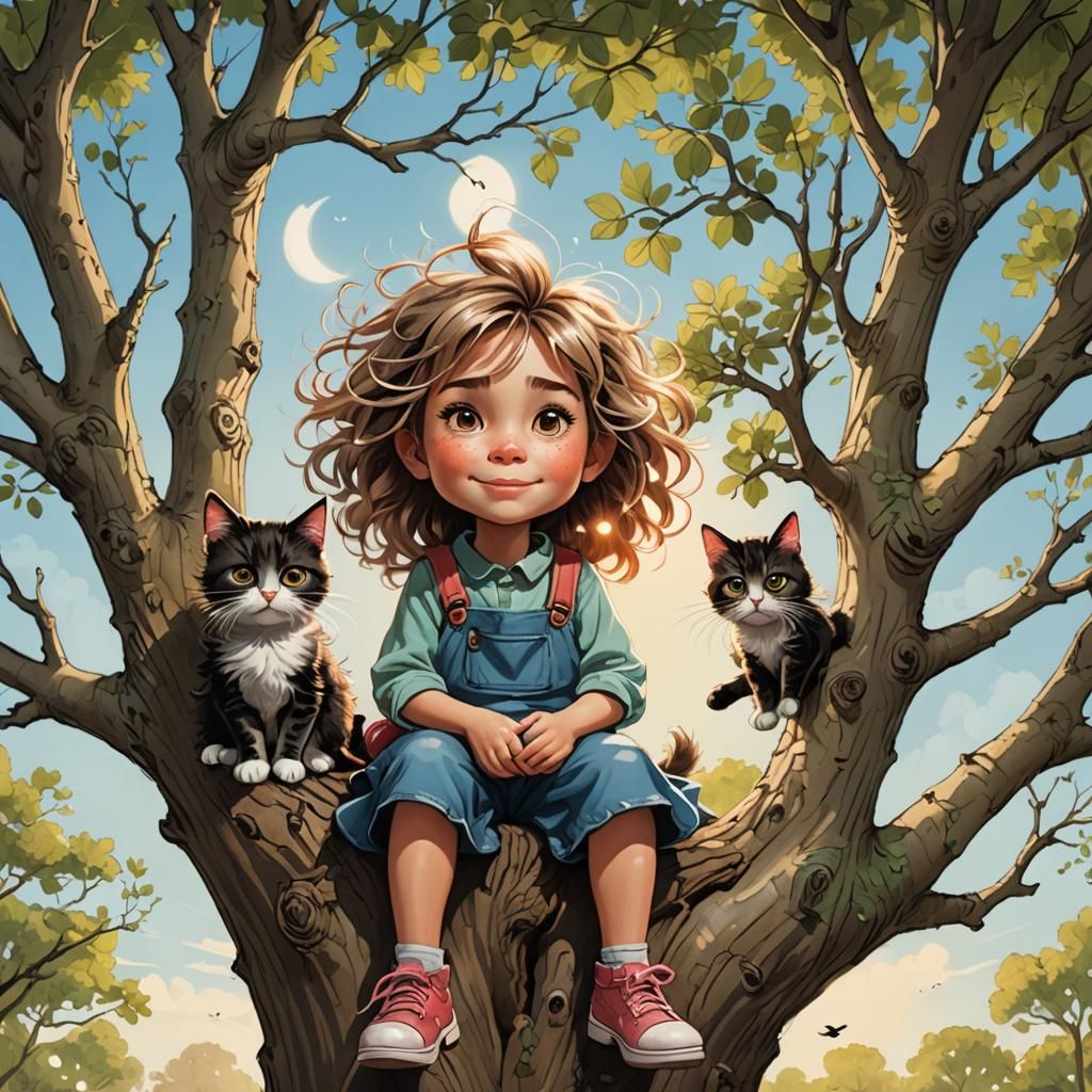 Whimsical Girl with Cat in Tree Caricature