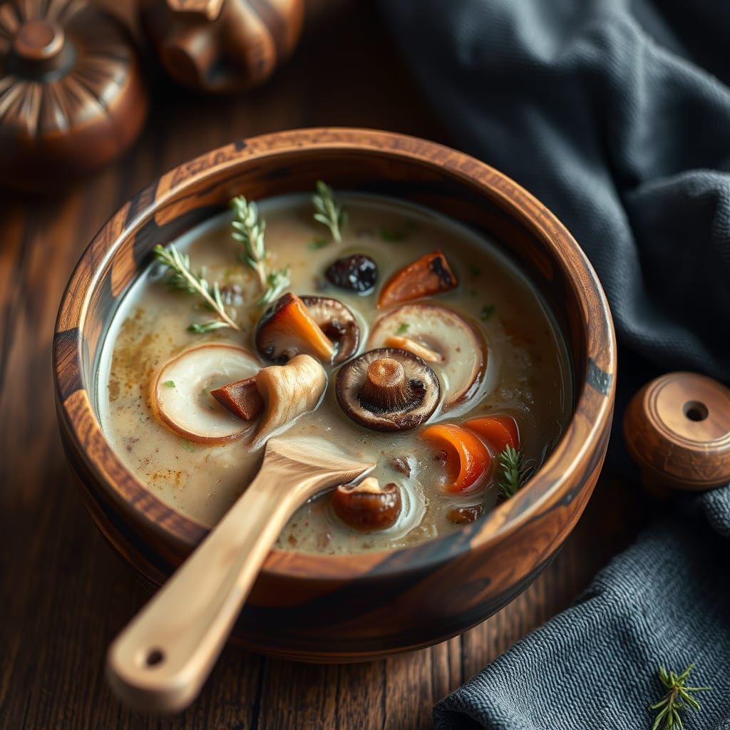 Hearty Mushroom Soup in a Wooden Bowl