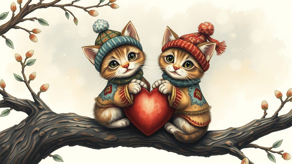 Two Cheerful Kittens in Slavic Folklore Style