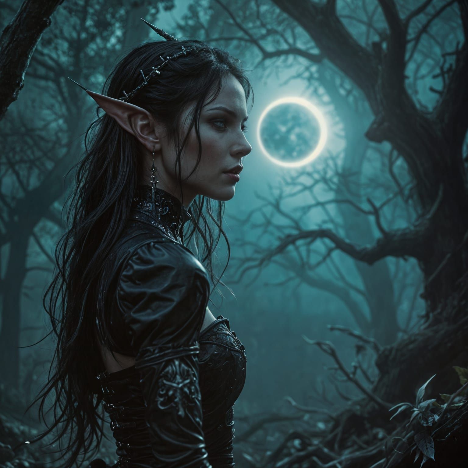 Ethereal Elf Woman in Mystical Forest Solar Eclipse