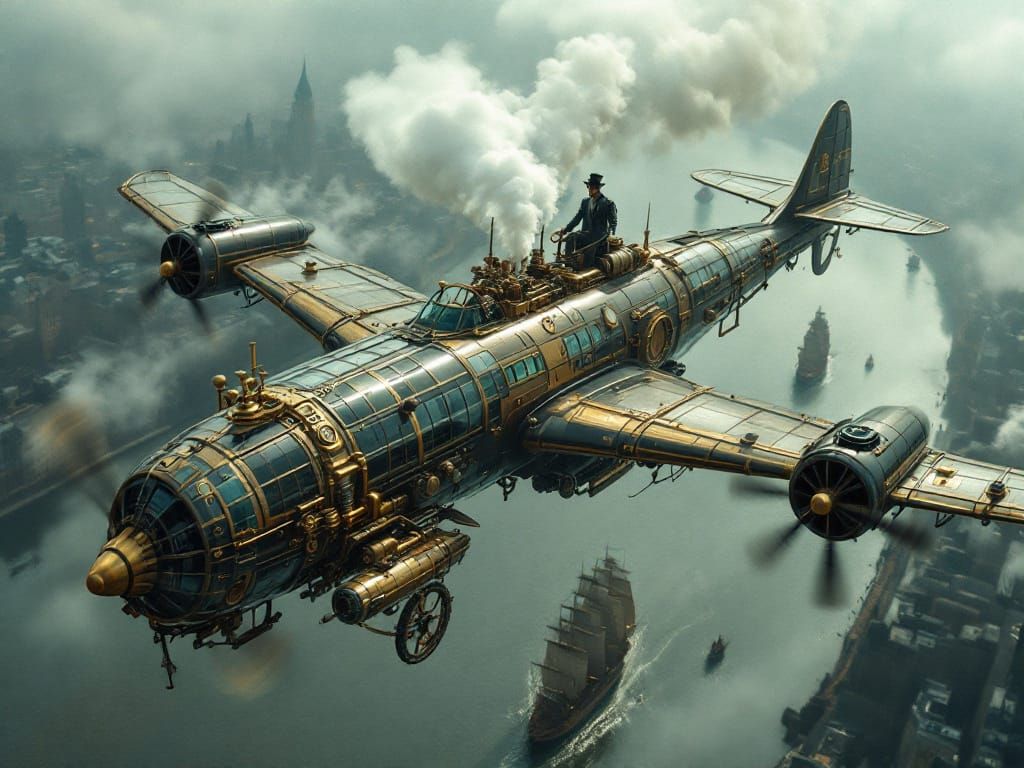 Steampunk Horseshoe Airplane Over Victorian London