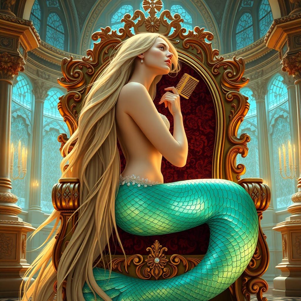 Ethereal Mermaid on Underwater Throne in Art Nouveau Style