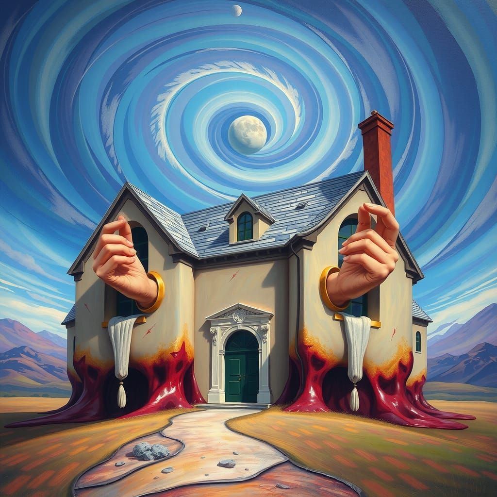 Melting House with Giant Hands: A Surrealist Dream