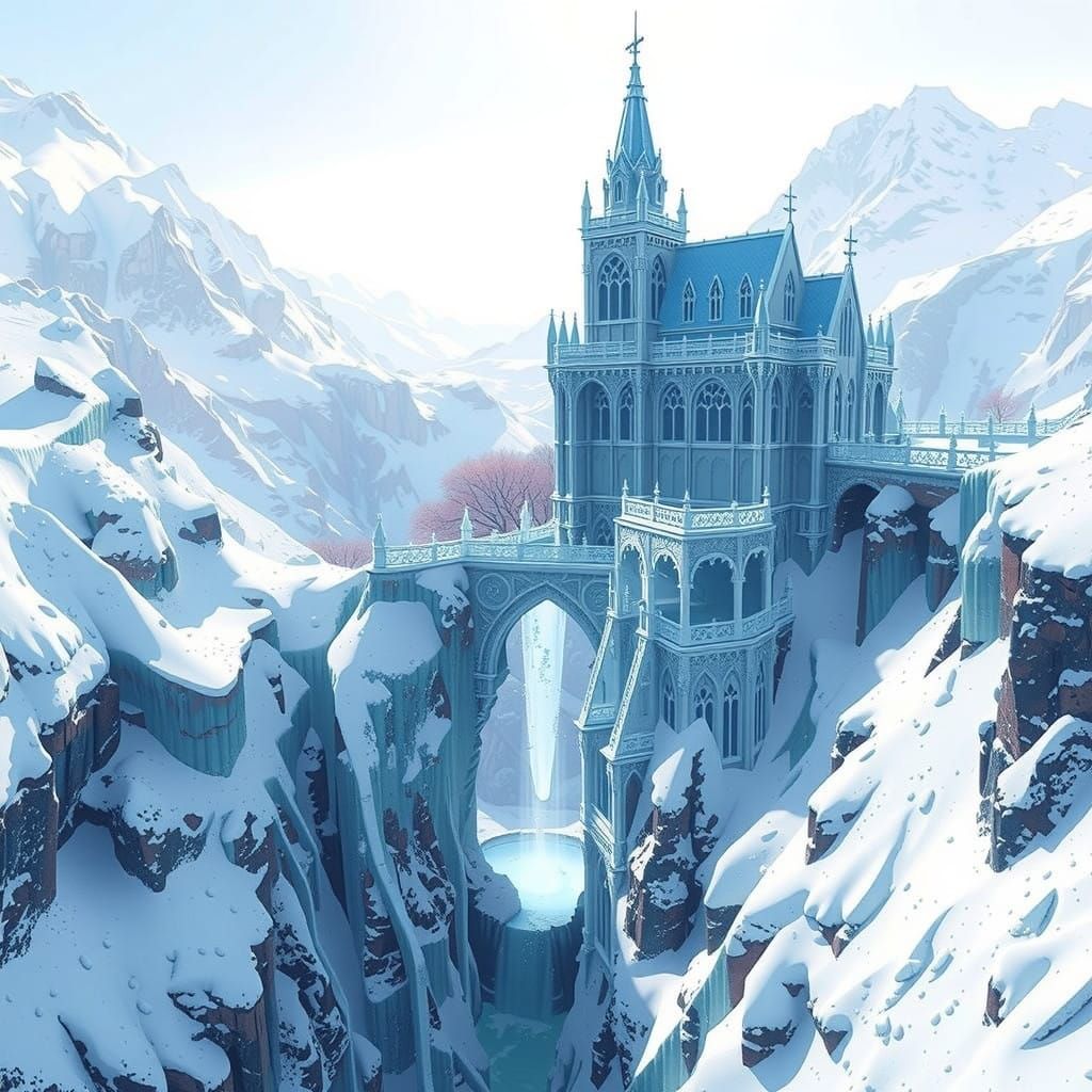 Elegant Gothic Castle Amidst Frozen Snow-Capped Mountains