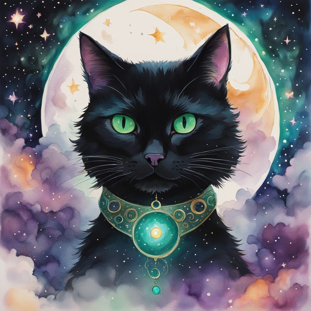 Black Cat on Crescent Moon in Galaxies, Gouache Painting